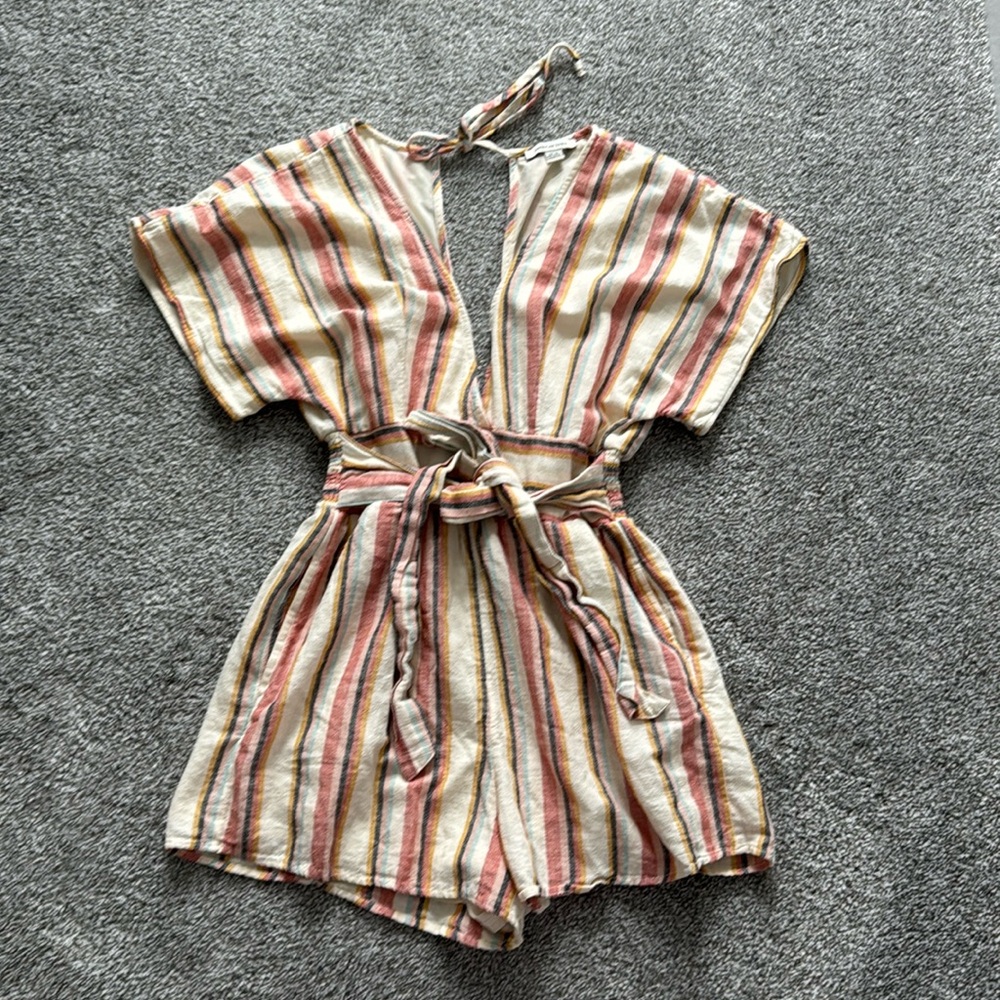 Striped V-Neck Tie-Waist Romper